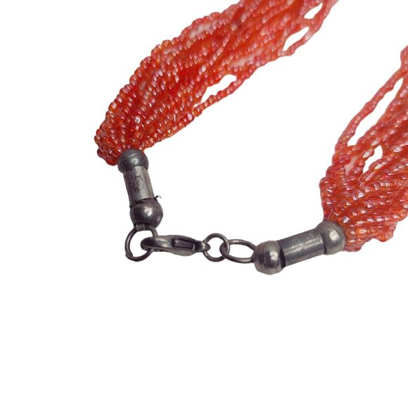 Women's Necklace Boho Bohemian Folk Orange Turquoise & Blue Seed Beaded Tassel - Picture 6 of 7